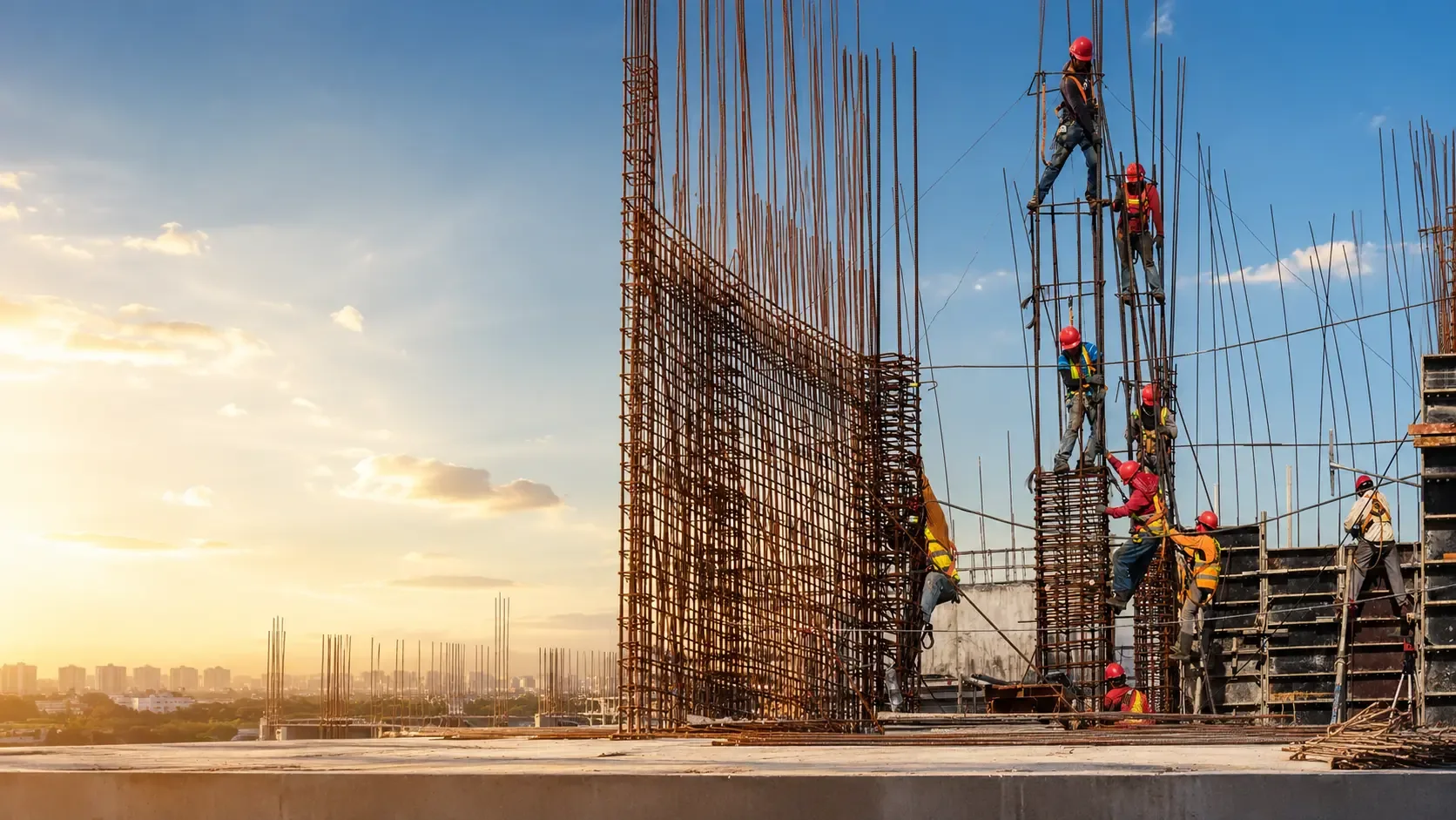 Madeirite plastificado aplicado em fôrmas de concreto em obra de construção civil.
